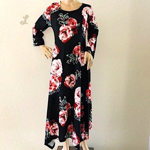 Fitted, Rose-Print, Handkerchief-Hem Midi Dress